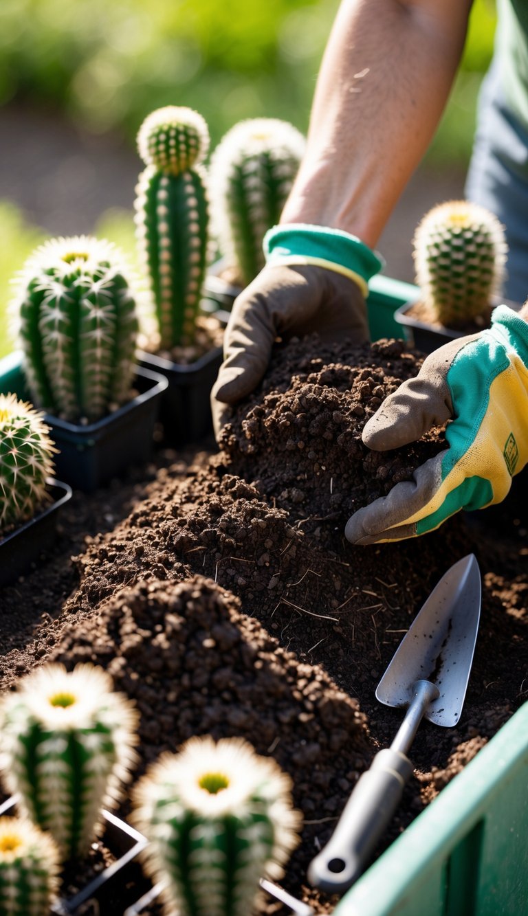 Hands layering nutrient-rich soil in a planter surrounded by small cacti ready for planting.