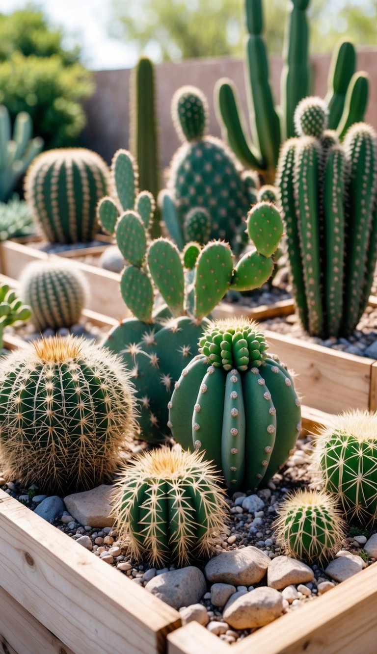 A group of various cacti planted in wooden raised beds outdoors with sandy soil and small stones.