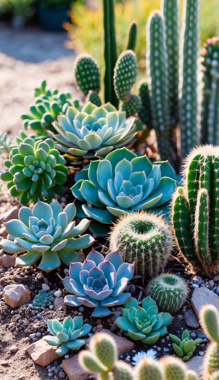 A garden with various drought-tolerant succulents and cacti arranged together in natural soil under sunlight.