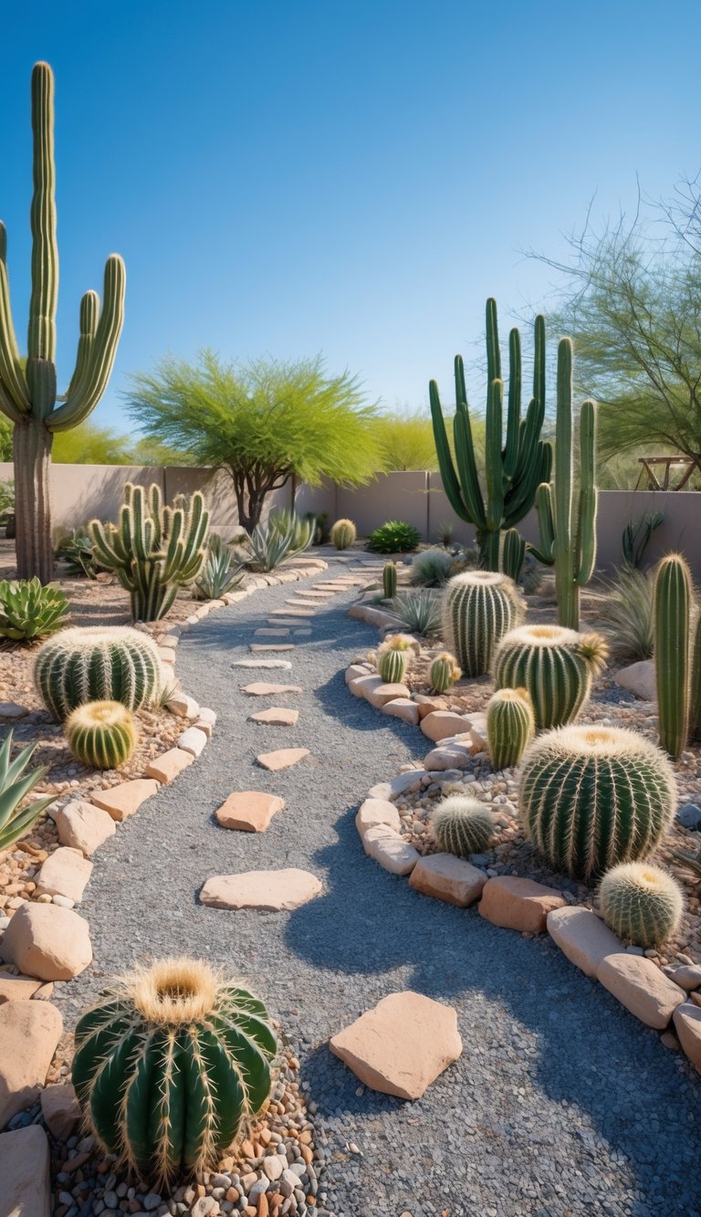 A cactus garden with gravel and stone pathways winding through various types of cacti under a clear sky.