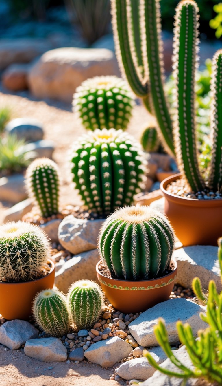 Sunlit garden with various healthy cacti placed in bright spots surrounded by rocks and sand.