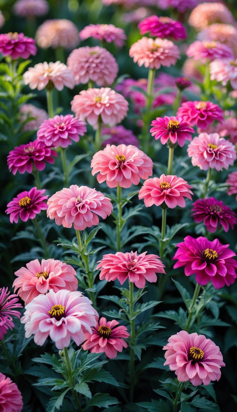 A garden with 15 pink zinnia flowers in different shades surrounded by green leaves.