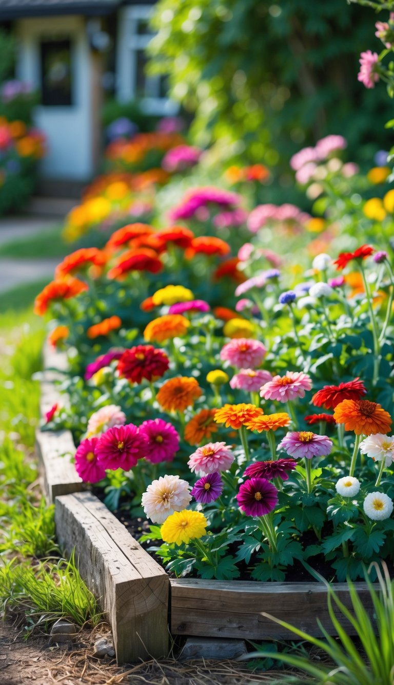 A colorful garden border filled with blooming zinnia flowers in various bright colors surrounded by green foliage.