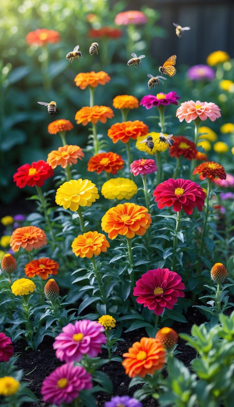 A garden bed with colorful zinnia flowers and bees and butterflies visiting the blooms.