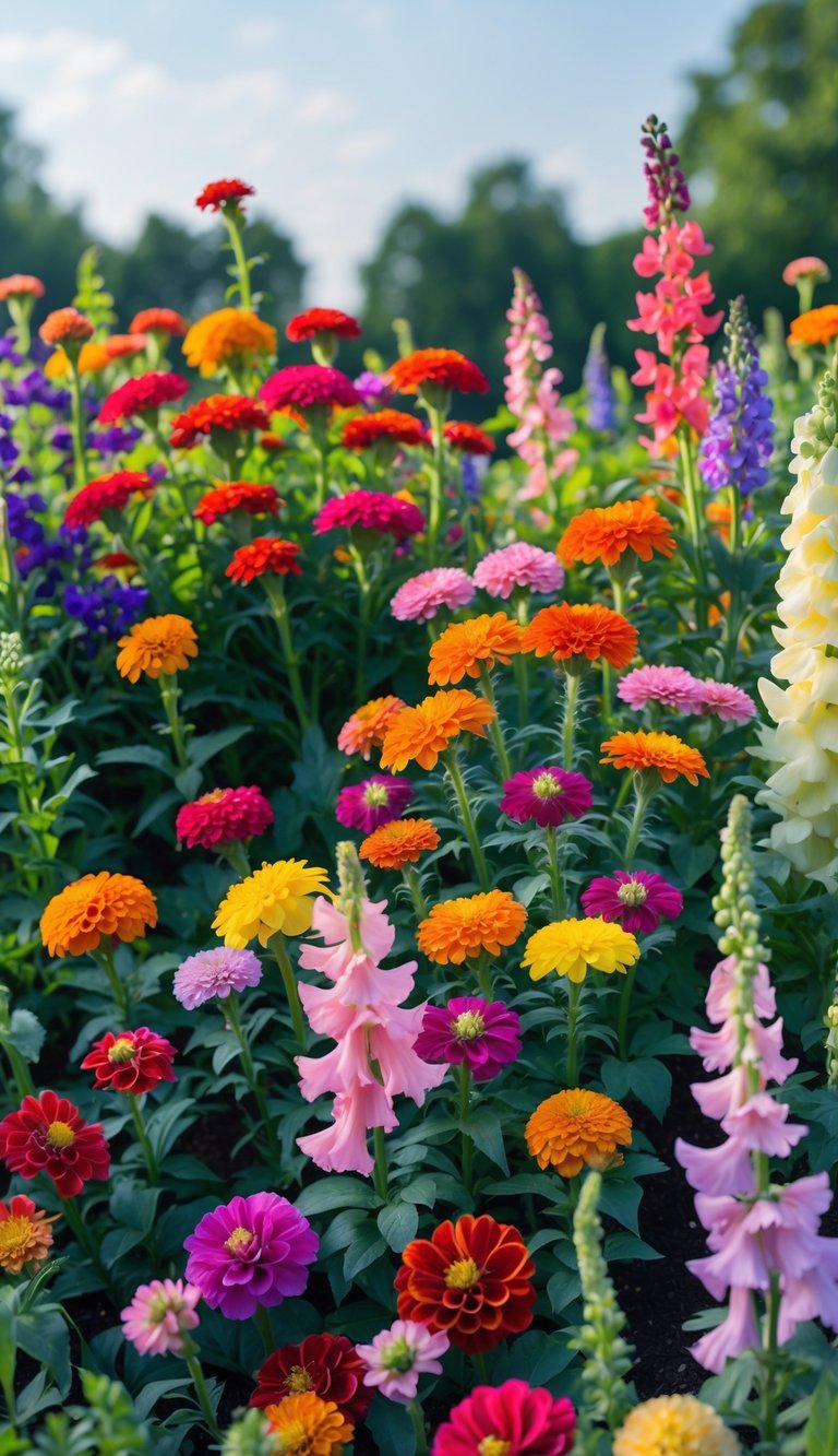 A colorful garden bed filled with blooming zinnia and snapdragon flowers in various bright colors.