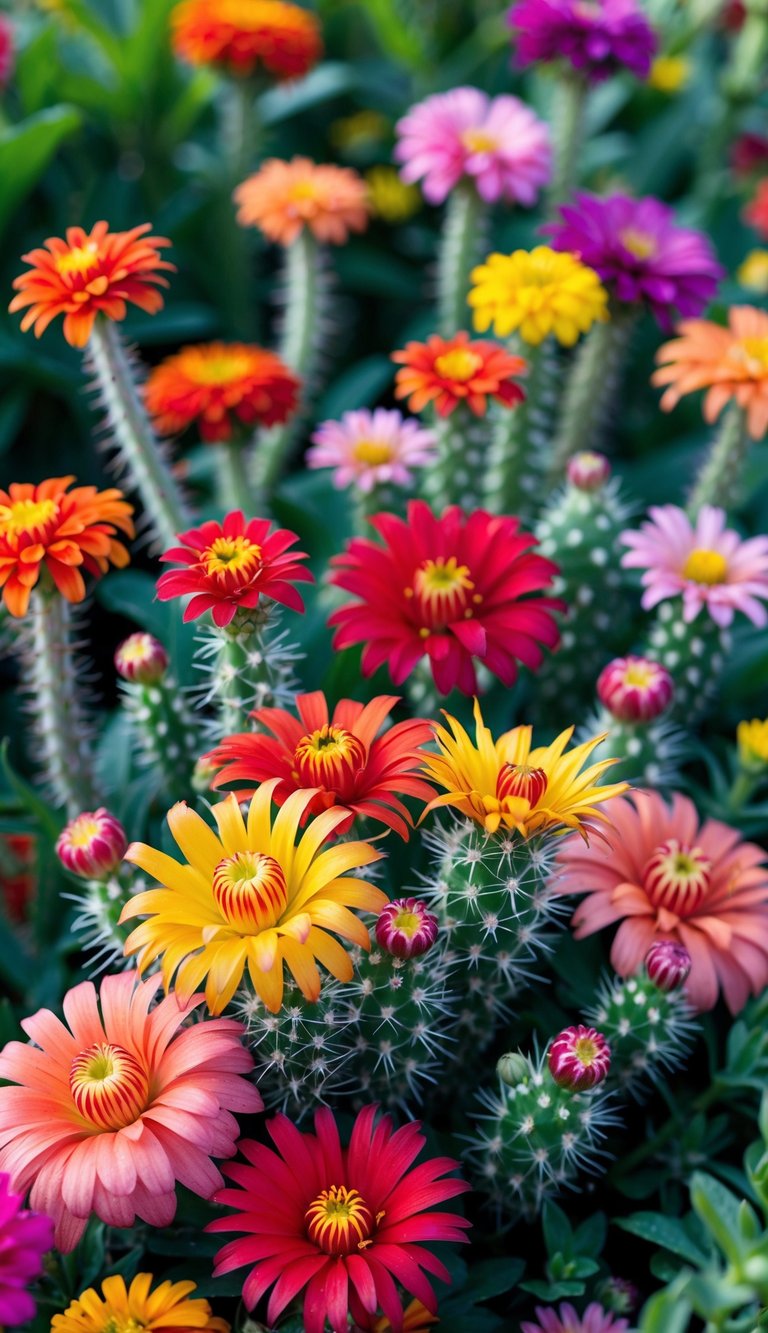 A close-up of a garden with about fifteen colorful zinnia flowers, including spiky cactus-flowered zinnias and other varieties, surrounded by green leaves.
