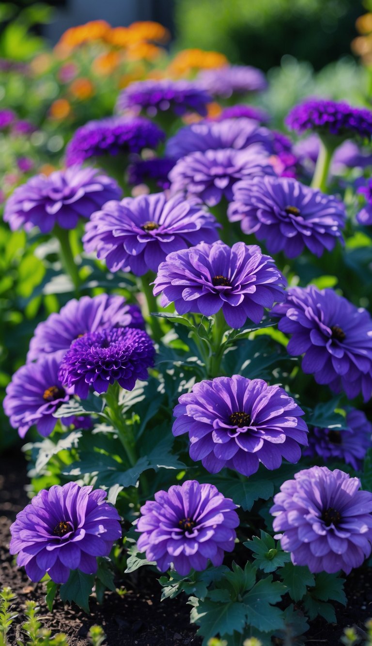 A garden bed filled with large vibrant purple zinnia flowers surrounded by green leaves.