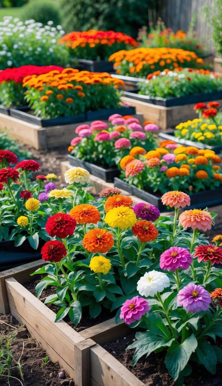 Raised garden beds filled with various colorful zinnia flowers in full bloom.