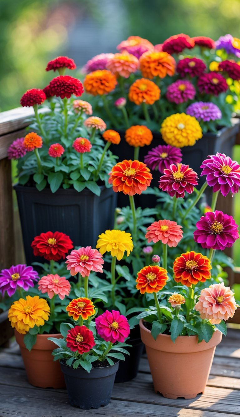 A collection of colorful zinnia flowers blooming in small containers arranged on a wooden balcony or patio.