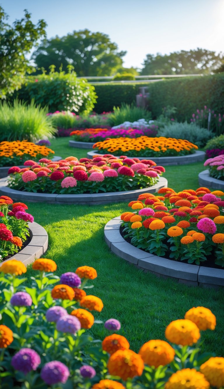 Circular flower beds filled with colorful zinnia flowers in a sunny garden setting.