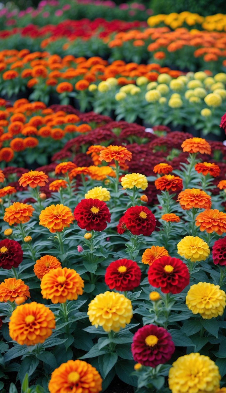 A garden with dense clusters of orange, red, and yellow zinnia flowers arranged in distinct color-blocked sections.