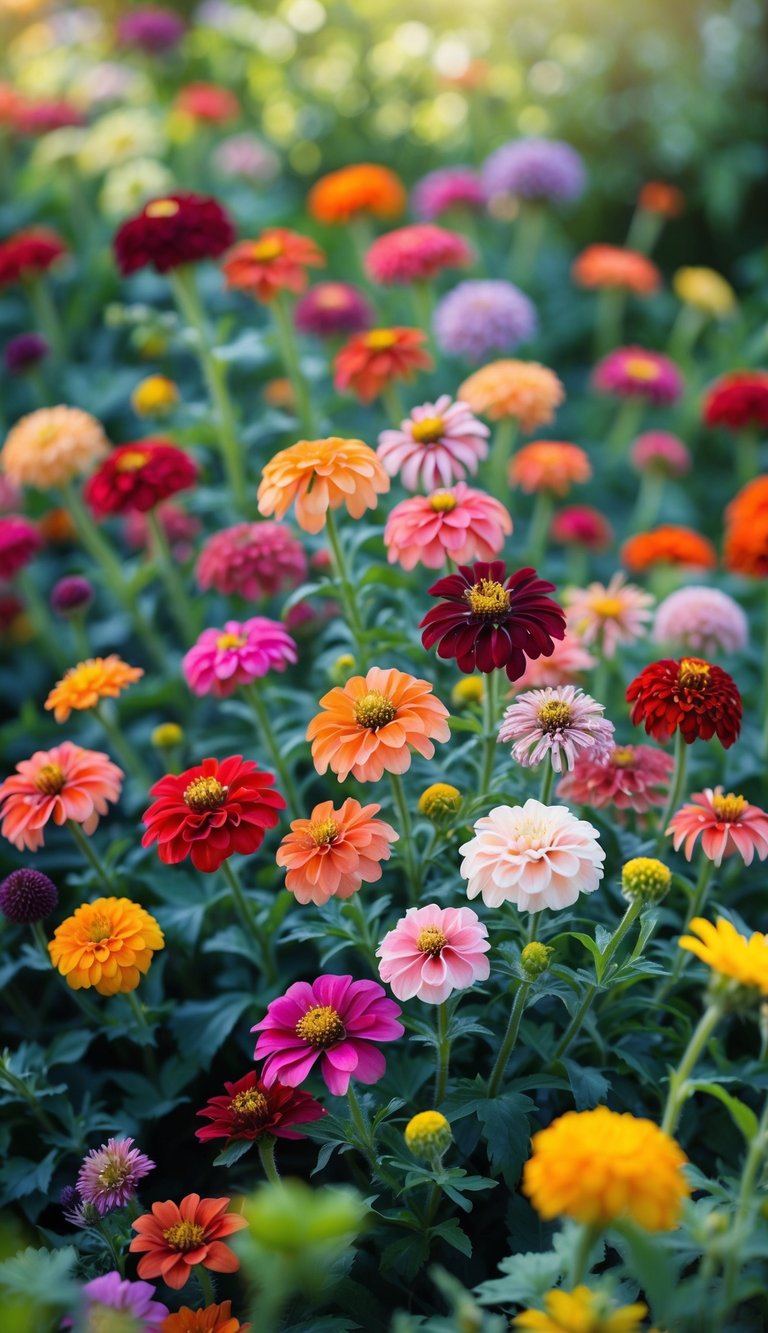 A close-up view of a garden bed filled with colorful blooming zinnia flowers in various shades surrounded by green leaves.