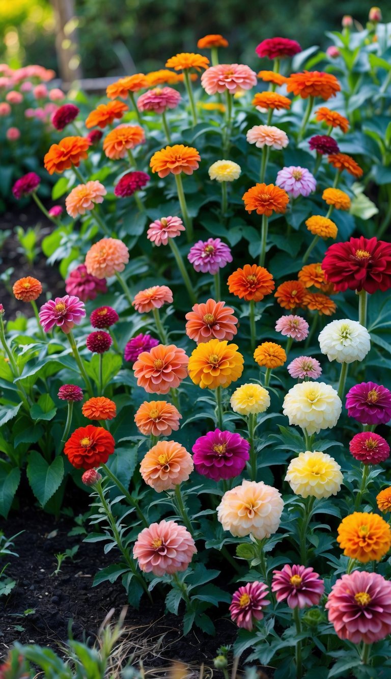 A colorful garden filled with various blooming zinnia flowers in different shades and green foliage.
