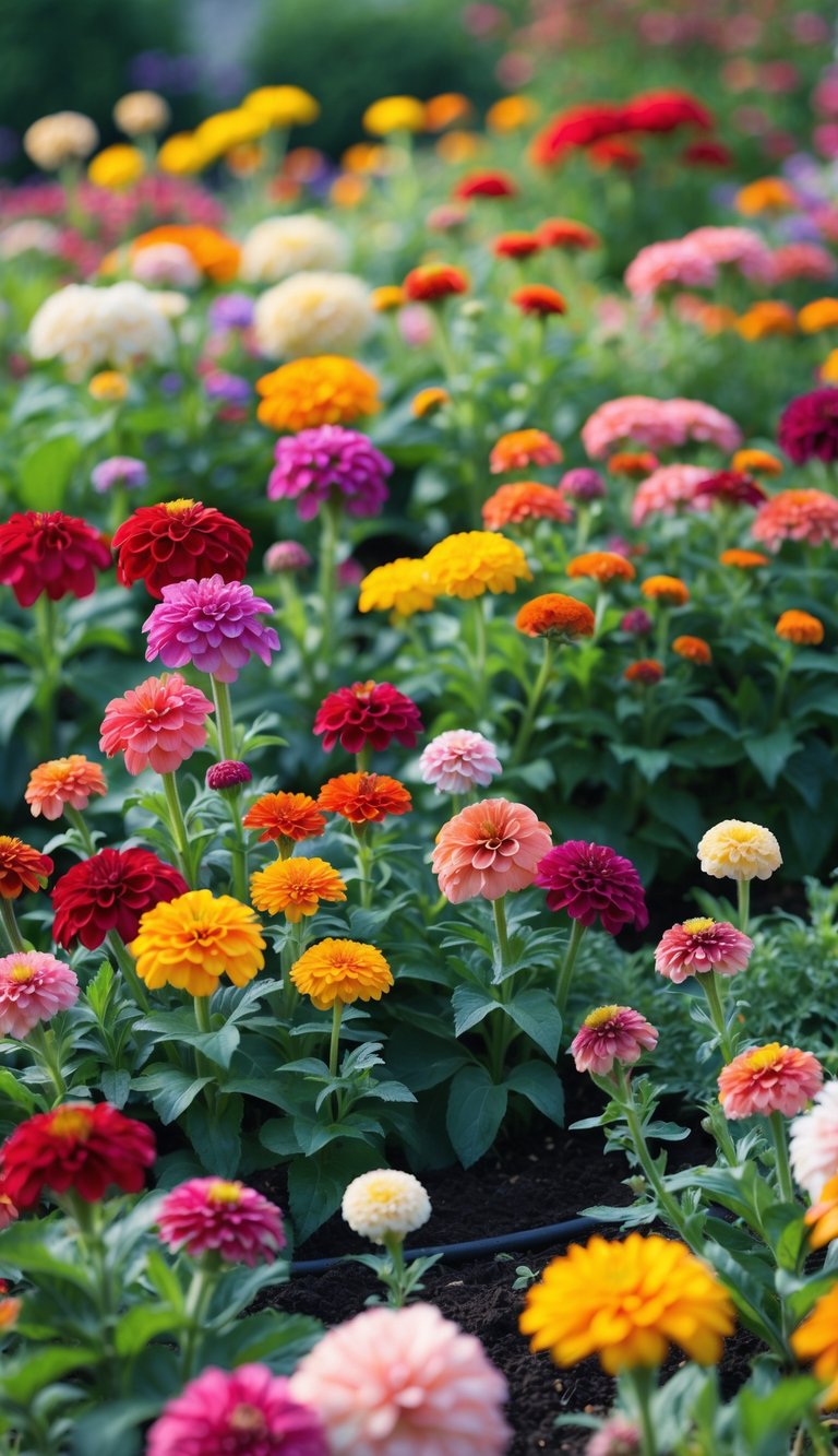 A garden bed filled with colorful zinnia flowers in full bloom with green leaves under natural sunlight.