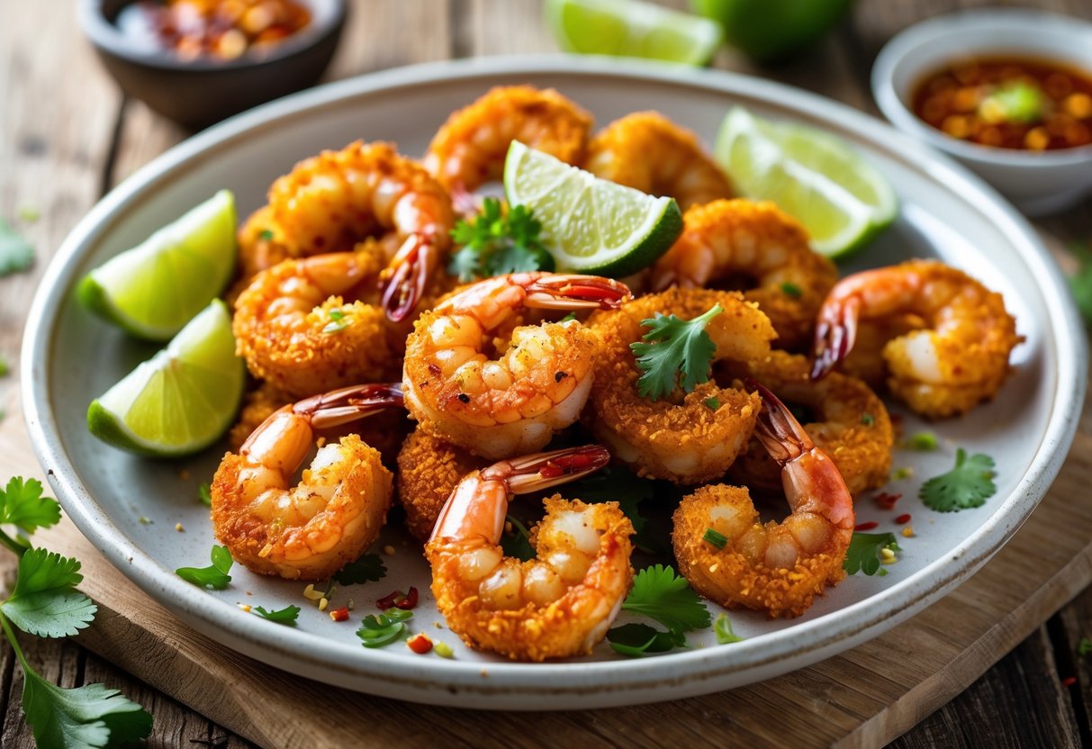 A plate of crispy chili lime shrimp garnished with lime wedges and cilantro on a wooden table.