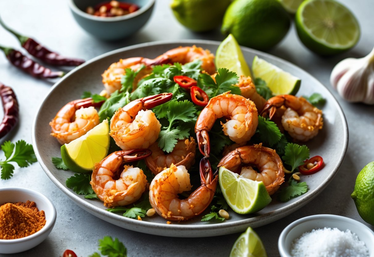 Close-up of a plate with crispy chili lime shrimp garnished with lime wedges, cilantro, and red chili slices, surrounded by fresh limes, dried chilies, garlic, and spices on a kitchen surface.