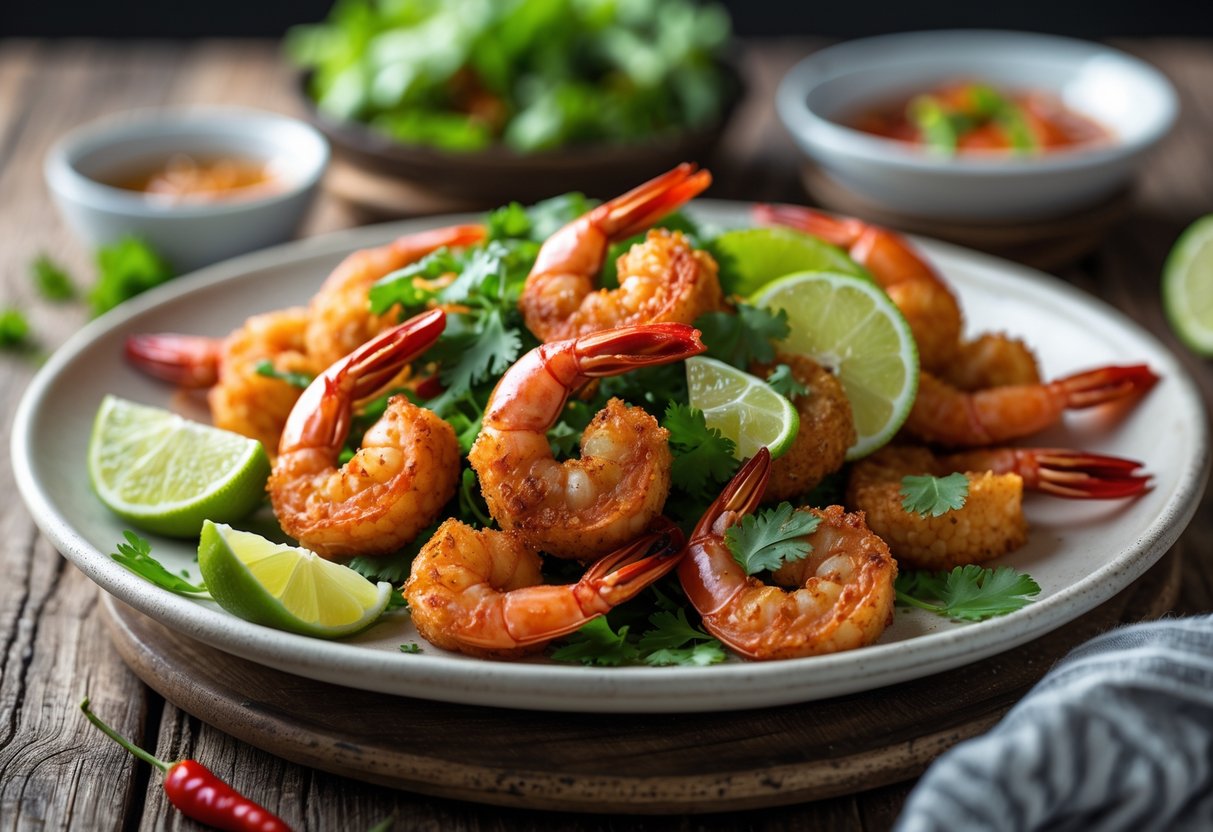 A plate of crispy chili lime shrimp garnished with lime wedges, cilantro, and red chili slices on a wooden table with a bowl of dipping sauce in the background.
