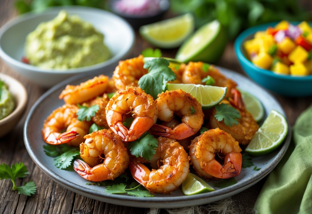 A plate of crunchy chili lime shrimp garnished with lime wedges and cilantro, served with avocado dip, mango salsa, and cilantro-lime rice on a wooden table.