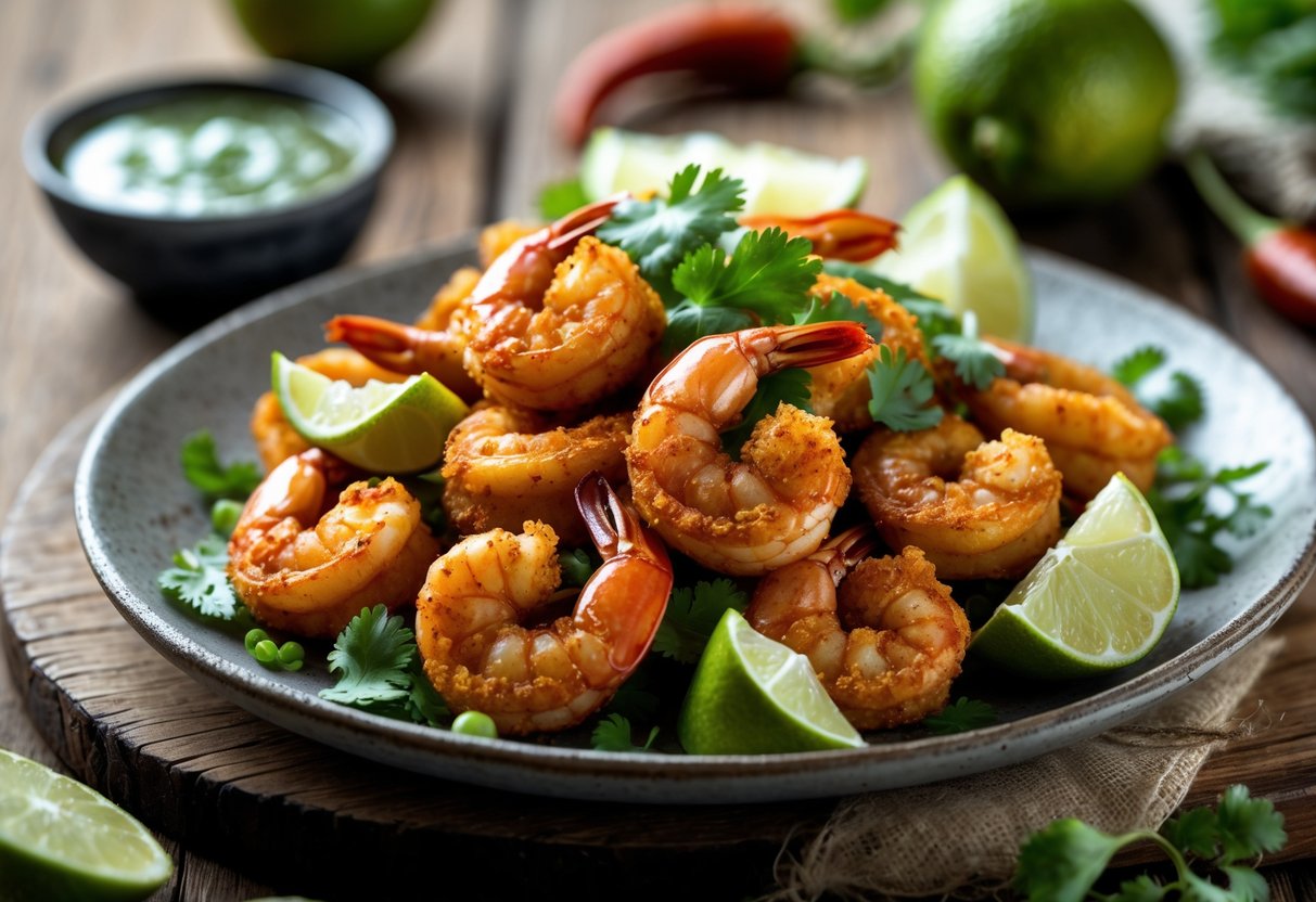 A plate of crispy chili lime shrimp garnished with lime wedges and cilantro on a wooden table.
