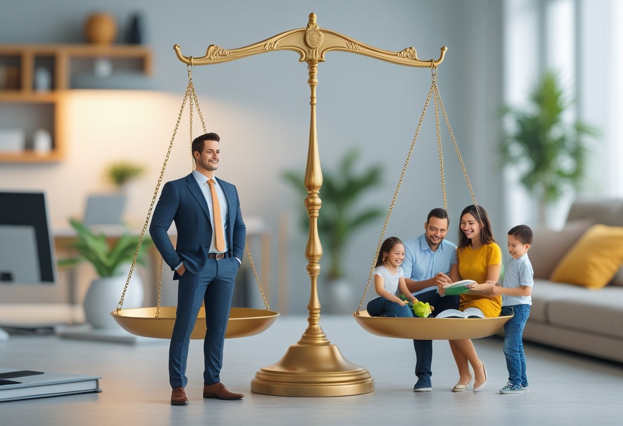 A businessperson balancing on one side of a scale and a happy family on the other, with an office and home background showing balance between work and family time.