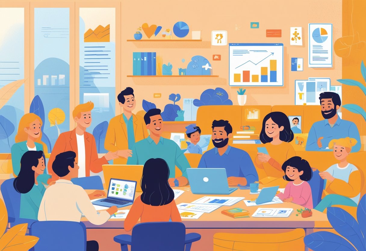 A group of people collaborating around a table while a family spends quality time together nearby, showing a balance between work and family life.