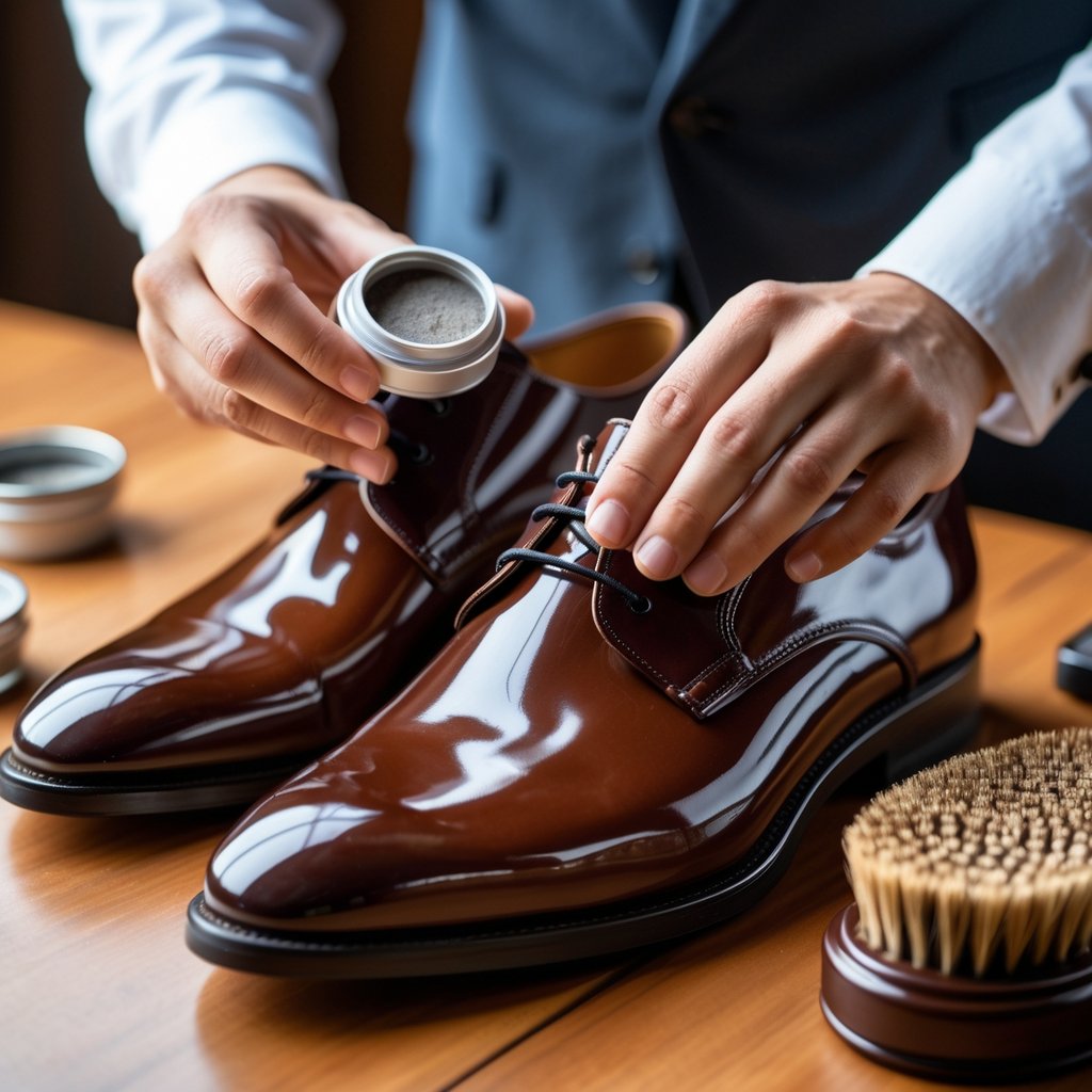 Kaip prižiūrėti lakuotus batus: patarimai ir gudrybės ilgalaikei priežiūrai 1 Rankos tepantis blizgius lakuotus batus su šluoste ant medinio paviršiaus, šalia yra batų blizginimo priemonės.