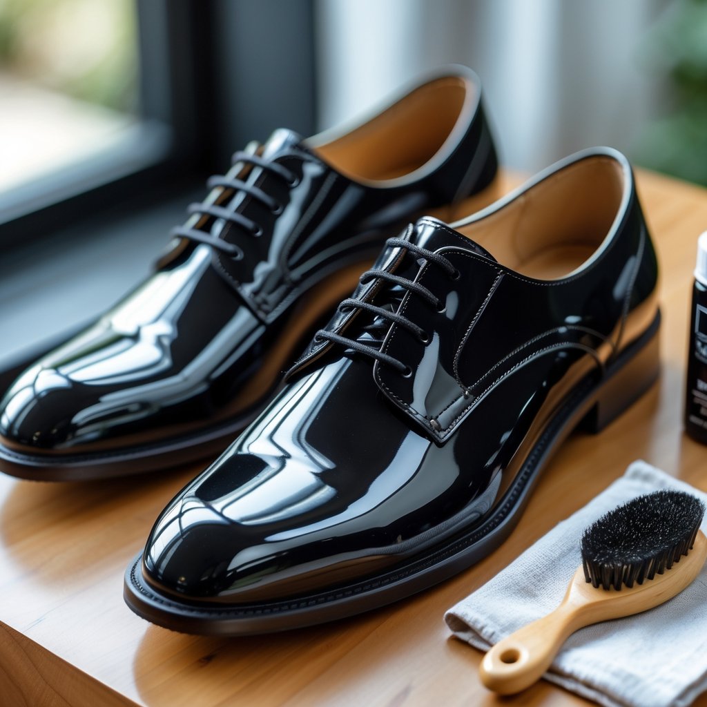 Kaip prižiūrėti lakuotus batus: patarimai ir gudrybės ilgalaikei priežiūrai 2 Blizgantys juodi lakuoti batai ant medinio paviršiaus su avalynės priežiūros priemonėmis šalia.