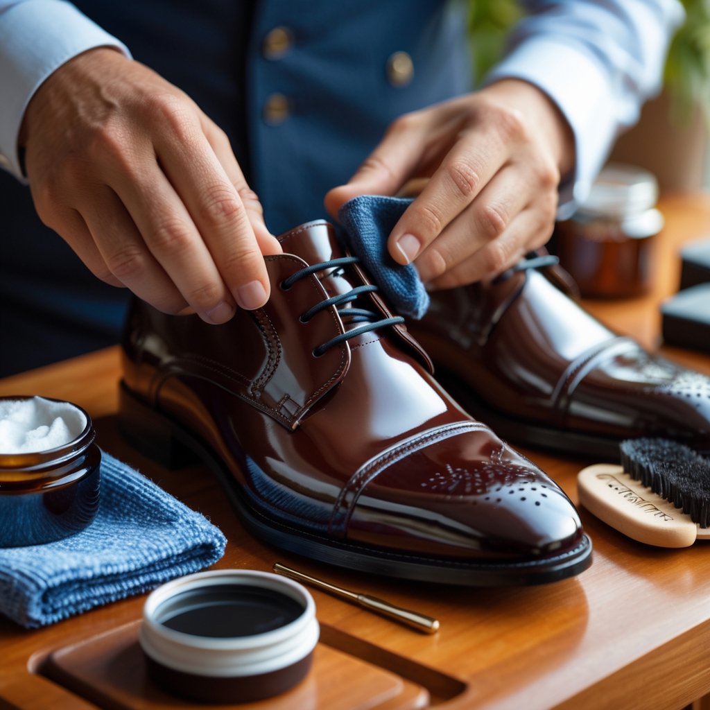 Kaip prižiūrėti lakuotus batus: patarimai ir gudrybės ilgalaikei priežiūrai 3 Rankos prižiūri ir valdo lakuotus odinius batus su įvairiomis priemonėmis ant medinio paviršiaus.