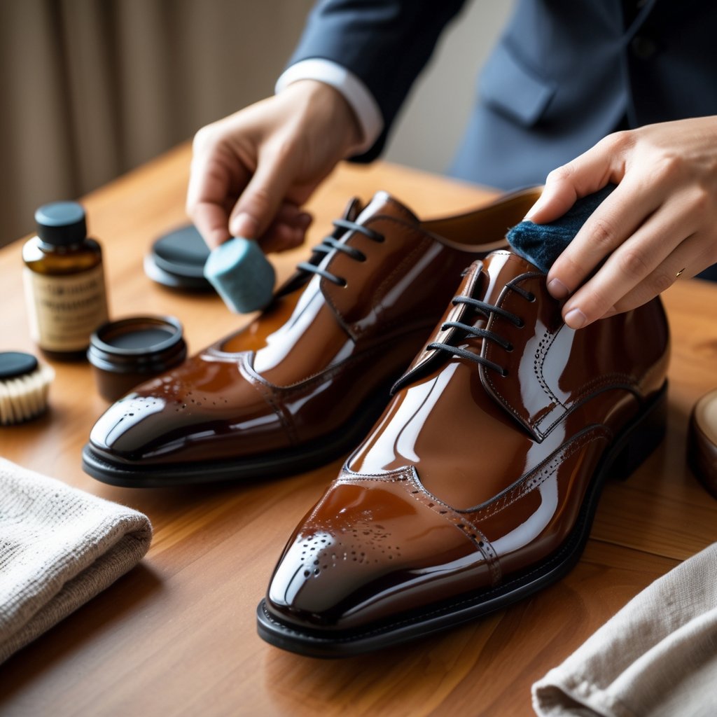 Kaip prižiūrėti lakuotus batus: patarimai ir gudrybės ilgalaikei priežiūrai 4 Rankos tepa blizgius odinius batus švelniu audiniu prie batų priežiūros priemonių ant medinio paviršiaus.