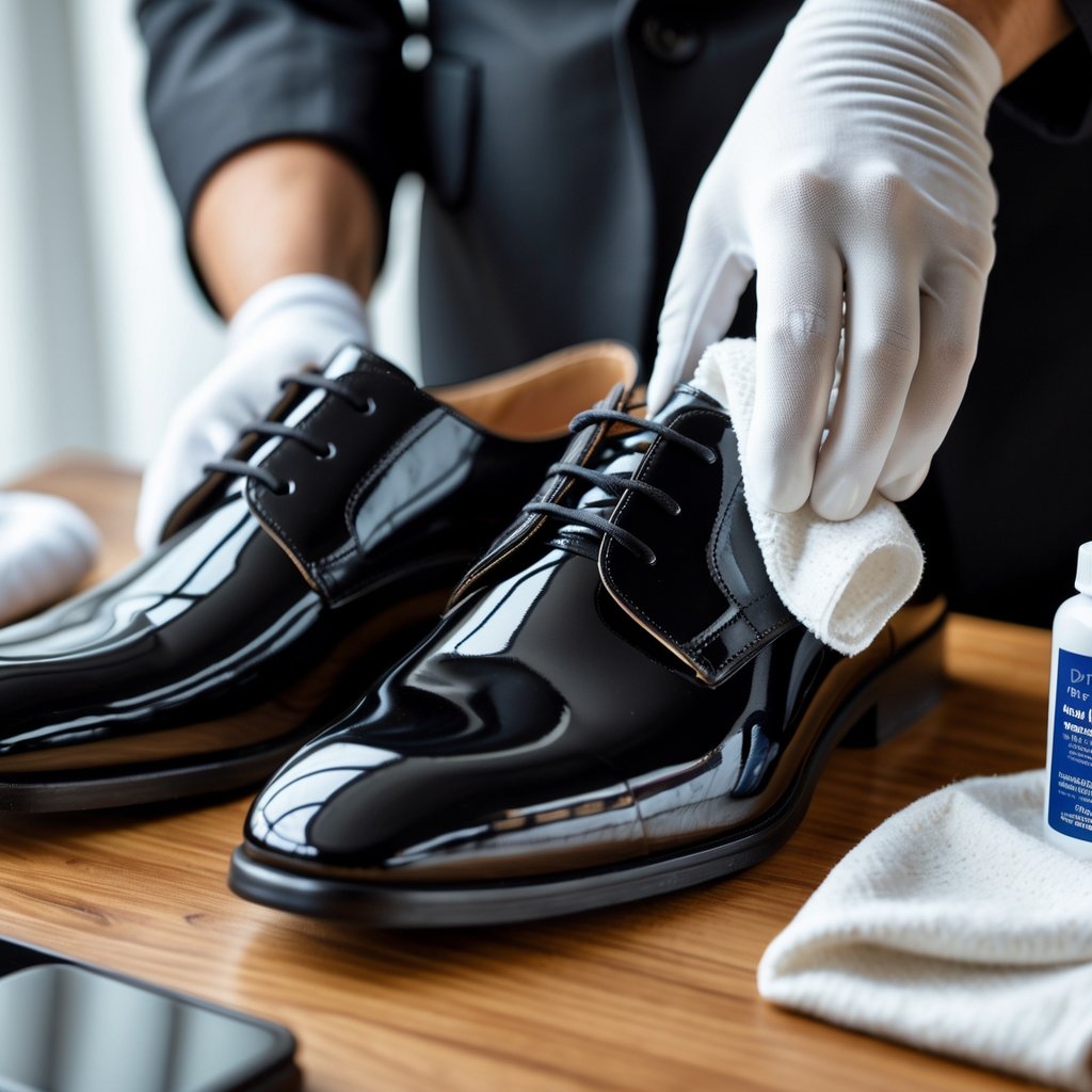 Kaip prižiūrėti lakuotus batus: patarimai ir gudrybės ilgalaikei priežiūrai 5 Artimi blizgi juodi lakuoti batai ant medinio paviršiaus, kuriuos valo ranka su švelnia šluoste.