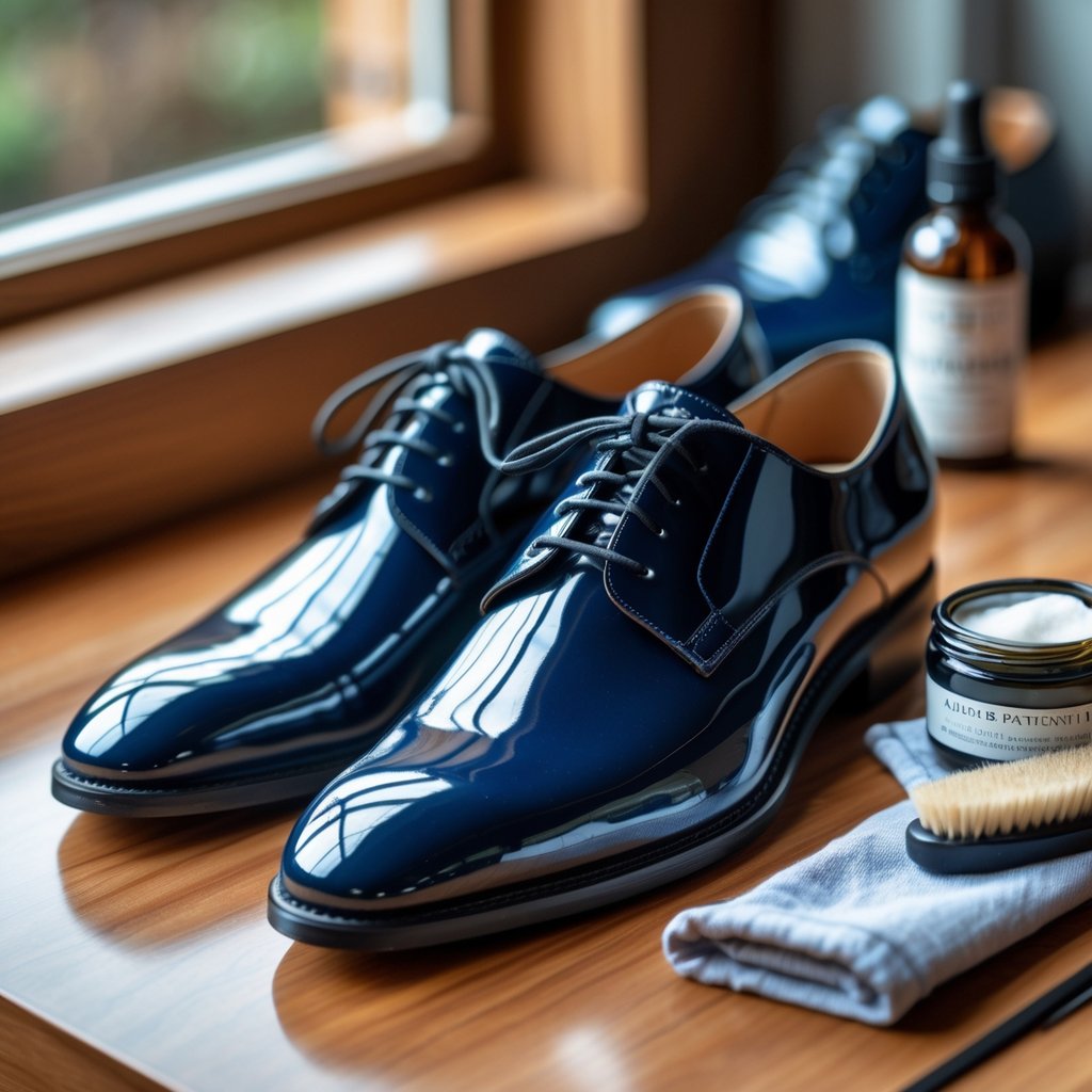 Kaip prižiūrėti lakuotus batus: patarimai ir gudrybės ilgalaikei priežiūrai 7 Du blizgantys lakuoti batai ant medinio paviršiaus šalia šepetėlio ir batų poliravimo priemonių.