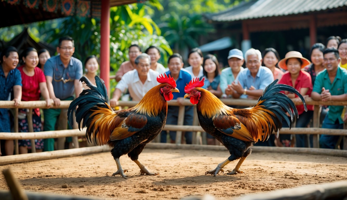 Kerumunan orang menonton sabung ayam tradisional di arena kayu di luar ruangan.
