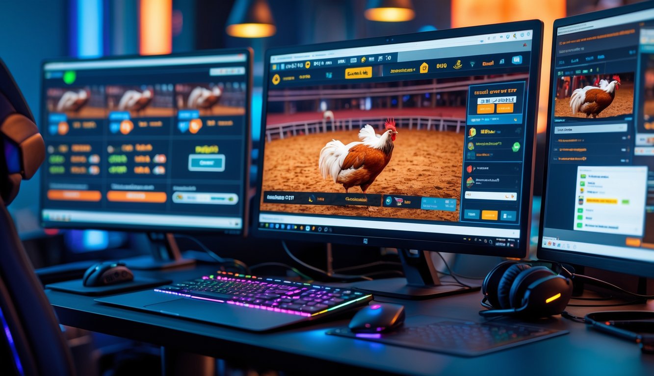 Seseorang menggunakan komputer dengan layar menampilkan siaran langsung sabung ayam dan tampilan taruhan secara real-time.