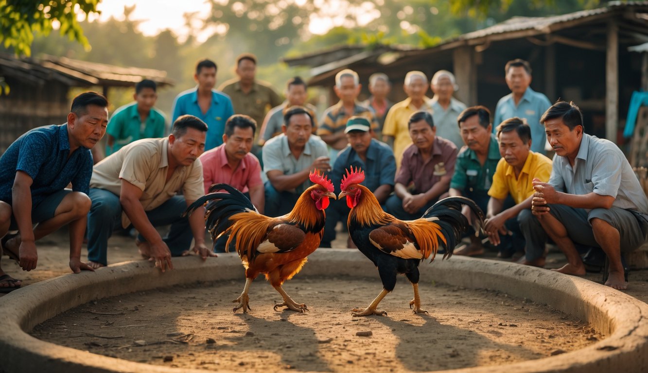 Sekelompok orang berkumpul di luar ruangan menonton pertarungan ayam jago dalam sebuah arena kecil.