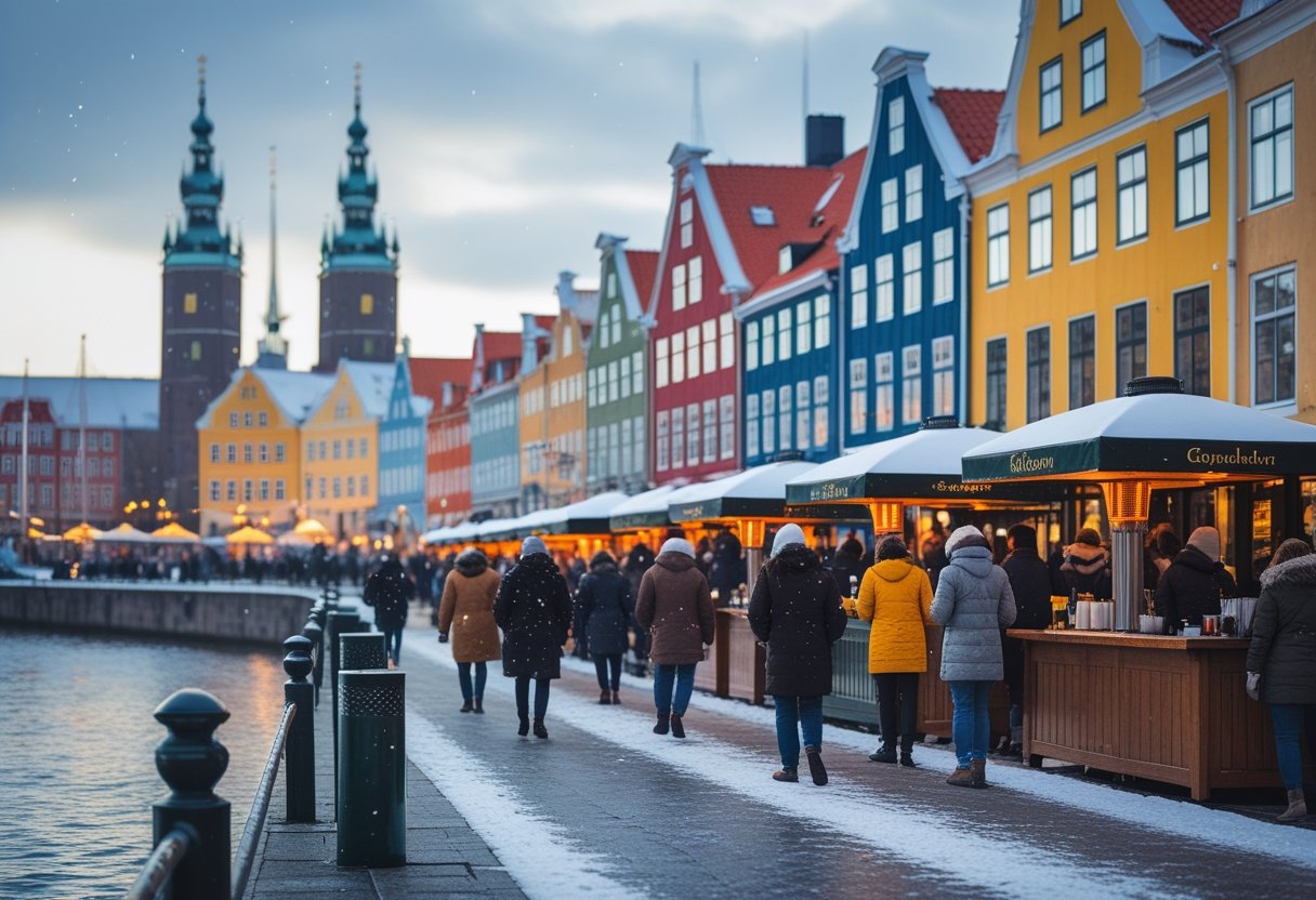 People walking along a snowy canal lined with colorful buildings and outdoor cafes in Copenhagen during winter.