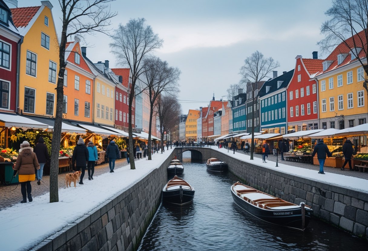 A snowy Copenhagen neighborhood with colorful buildings, people walking on cobblestone streets, outdoor market stalls, and a canal with boats in winter.