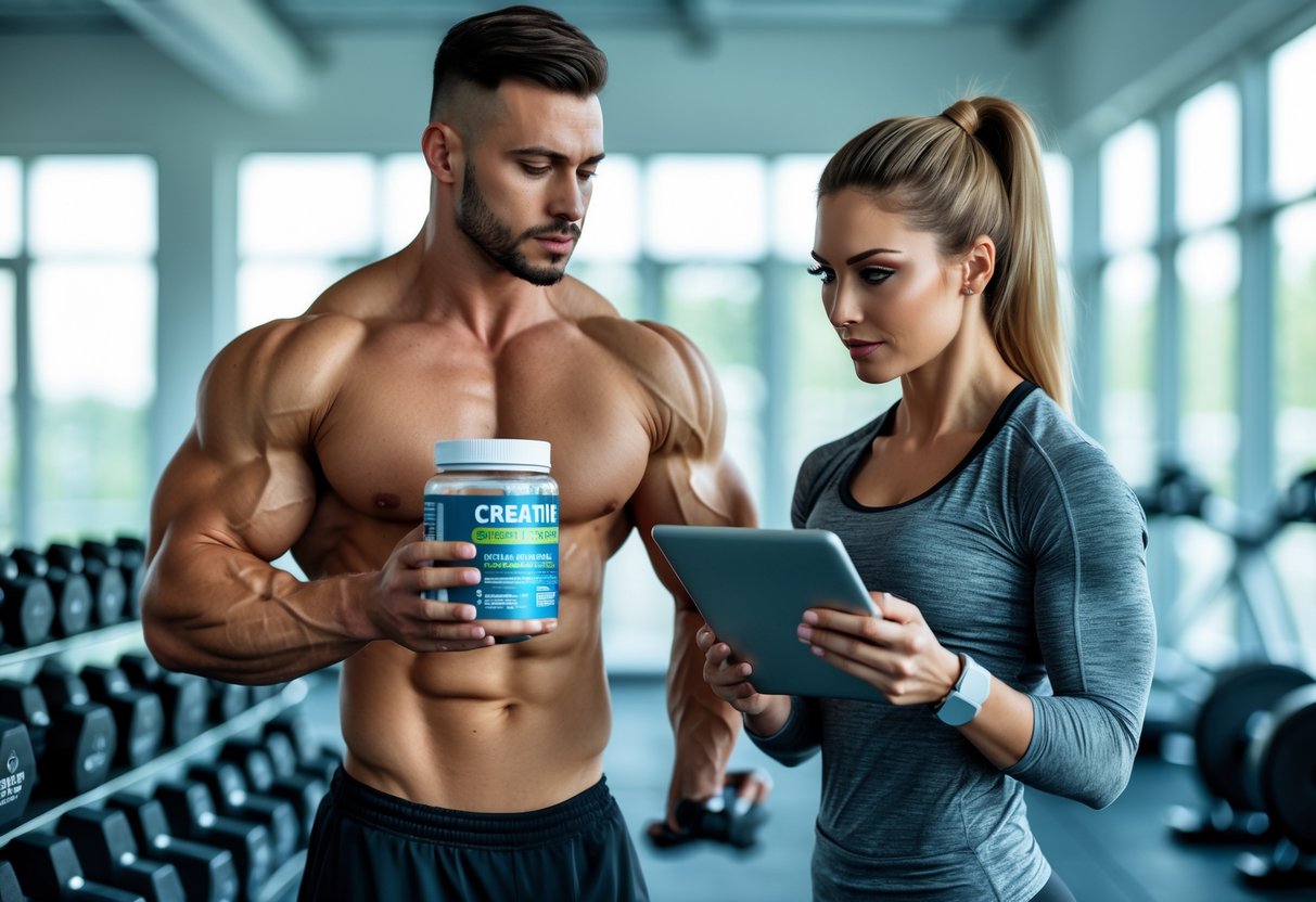 A fit man holding a container of creatine powder and a woman looking at a tablet in a bright gym surrounded by exercise equipment.