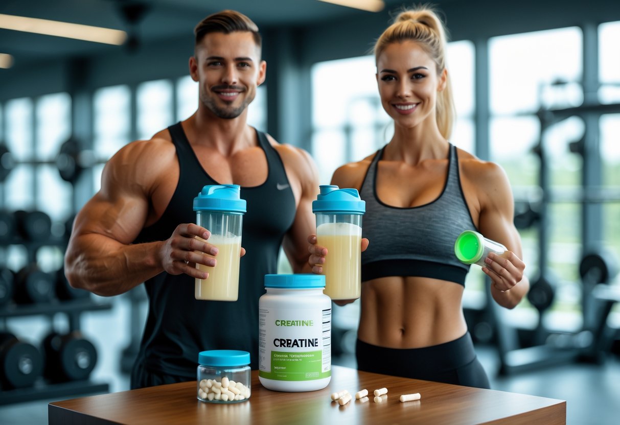 A fit man and woman in a gym holding supplement shakers next to a container of creatine powder and capsules on a table.