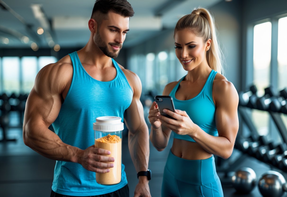 A fit man holding a shaker bottle with supplement powder and a woman checking a fitness app in a modern gym with workout equipment in the background.