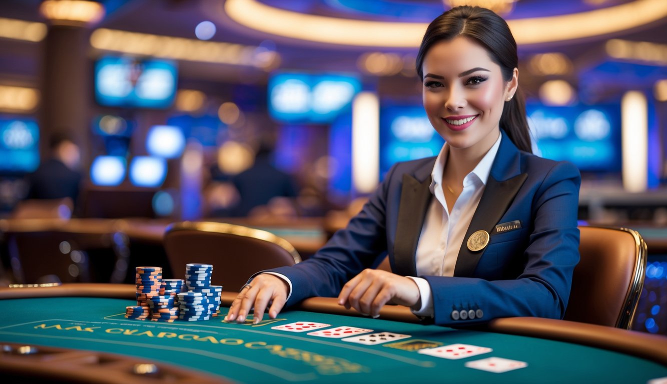 Seorang dealer kasino langsung yang ramah sedang duduk di meja permainan dengan kartu dan chip, di latar belakang suasana kasino modern.