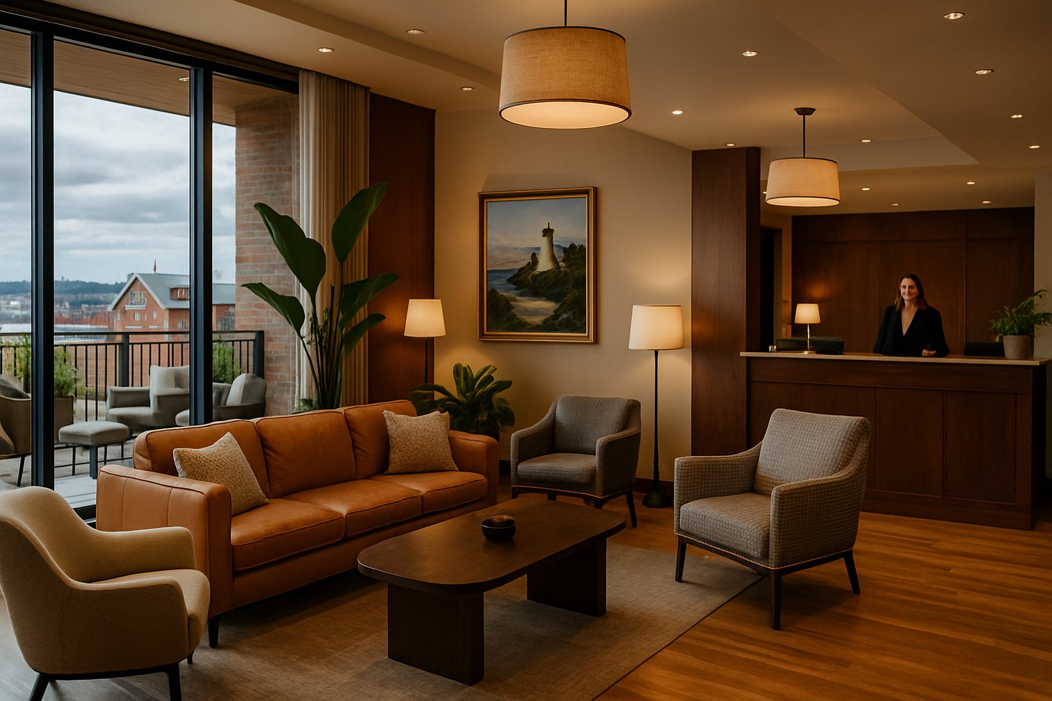 Hotel lobby with elegant furniture, warm lighting, a concierge desk, and a rooftop terrace overlooking Portland waterfront.