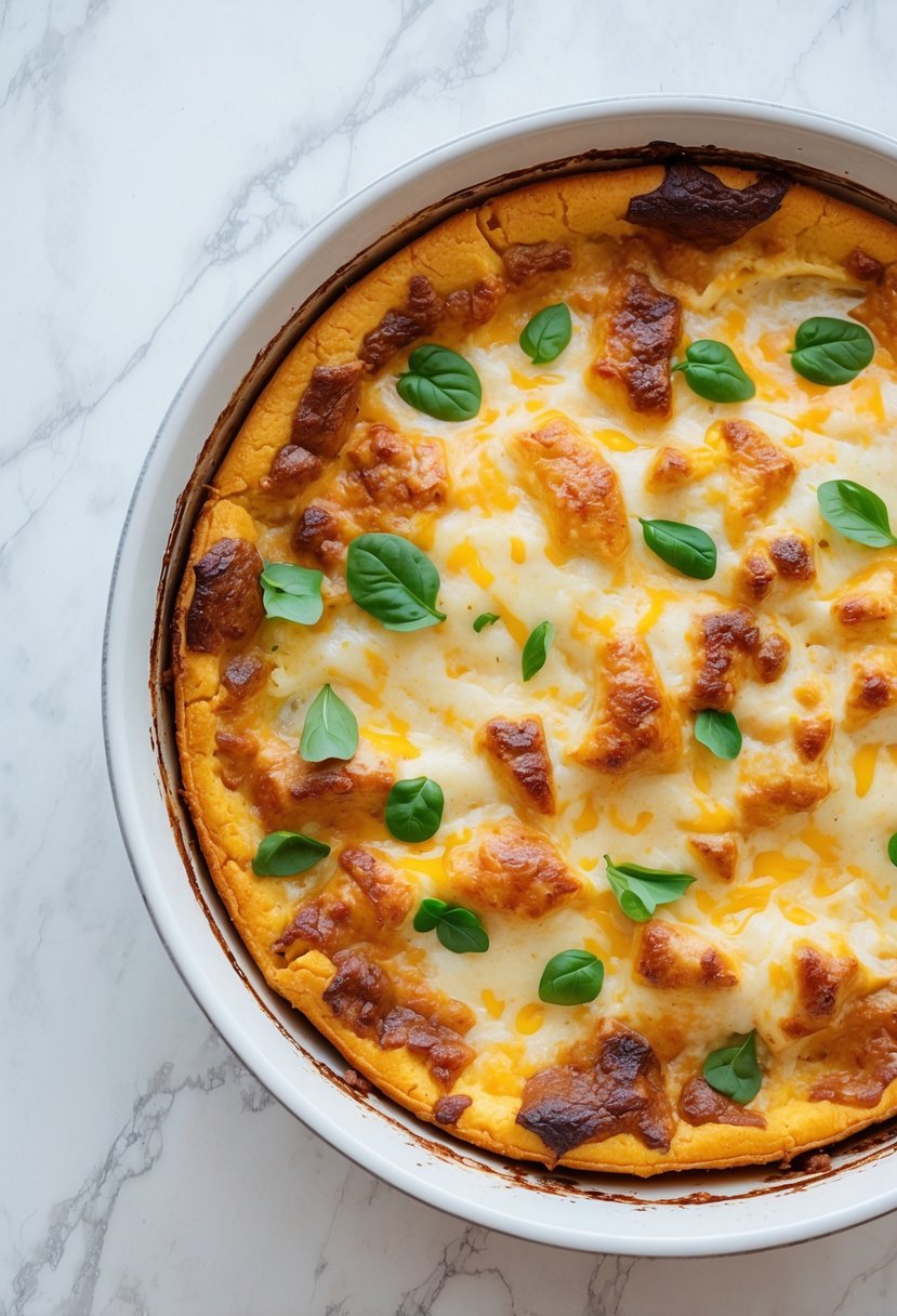 Close-up of a freshly baked casserole with melted cheese and vegetables on a white marble countertop.