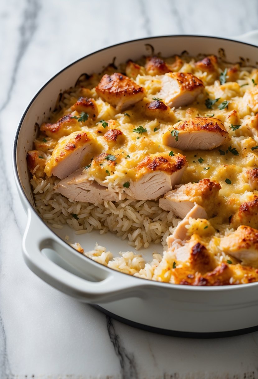 Close-up of a chicken and rice casserole with a golden-brown crust on a white marble countertop.