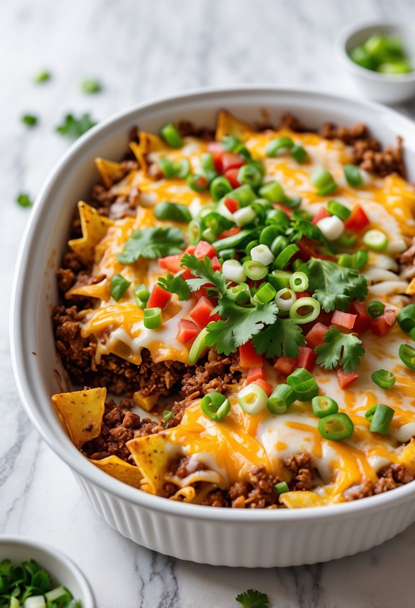 Close-up view of a Dorito casserole with melted cheese and crispy chips on a white marble countertop.