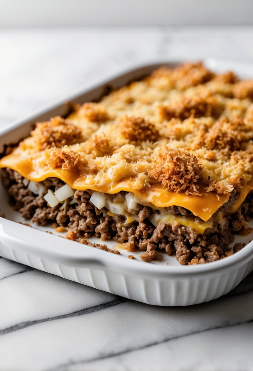 Close-up of a hamburger casserole with ground beef, melted cheese, onions, and breadcrumb topping on a white marble surface.