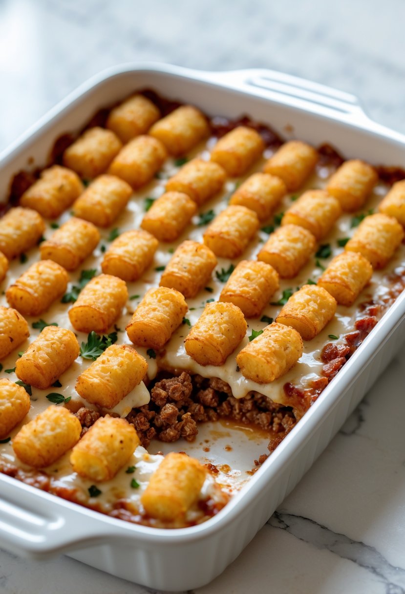 Close-up image of a tater tot casserole with crispy golden tater tots, melted cheese, and savory filling on a white marble countertop.