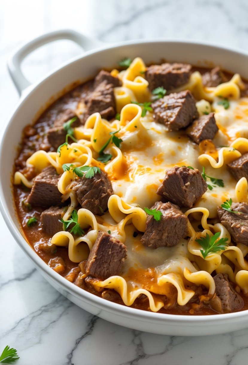 Close-up view of a beef noodle casserole with beef, noodles, and melted cheese on a white marble countertop.