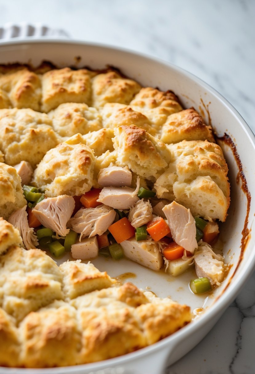 Close-up of a golden chicken cobbler casserole with biscuit topping on a white marble countertop.