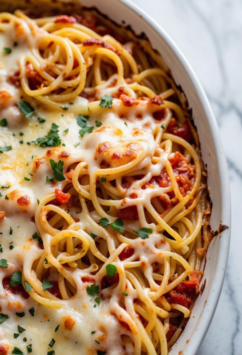 Close-up of a baked spaghetti casserole with melted cheese on a white marble countertop.