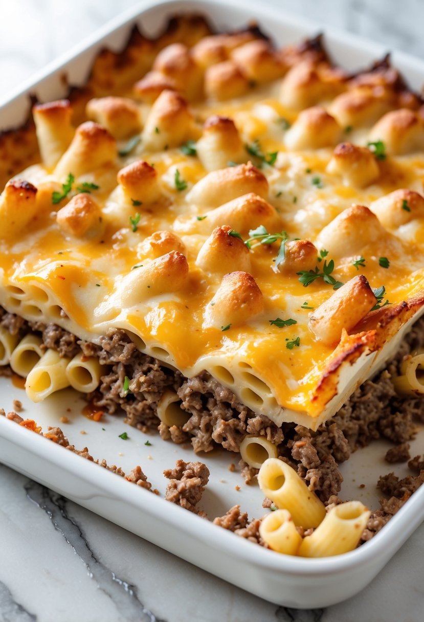 Close-up of a cheeseburger casserole on a white marble countertop with melted cheese and ground beef layers.